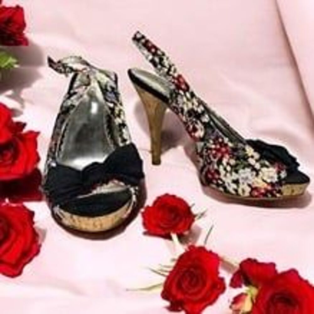 * Rampage 7.5M Floral Slingback Heels with Black Bow open toe